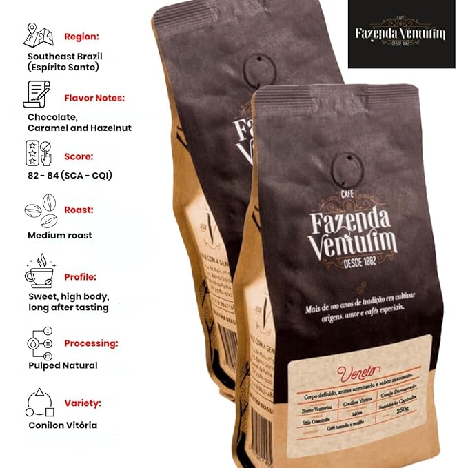 Fazenda Venturim - Roast Ground Coffee – Brazilian Specialty Medium Roast Low Acidity Bold Flavor &amp Rich Aroma full-Bodied Chocolate &amp Hazelnut Natural Notes 2.2 lb Bag (1Kg)