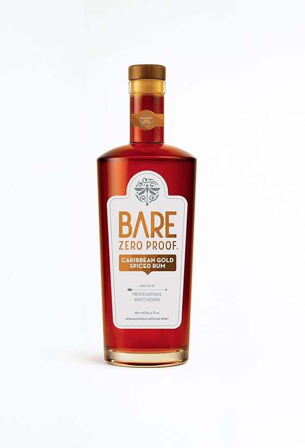 BARE Zero Proof® Caribbean Gold Spiced Rum Alternative – Non-Alcoholic Rum-Inspired Spirit for Craft Cocktails – Alcohol-Free Spiced Blend with Molasses Caramel &amp Vanilla – Low-Cal NA Beverage