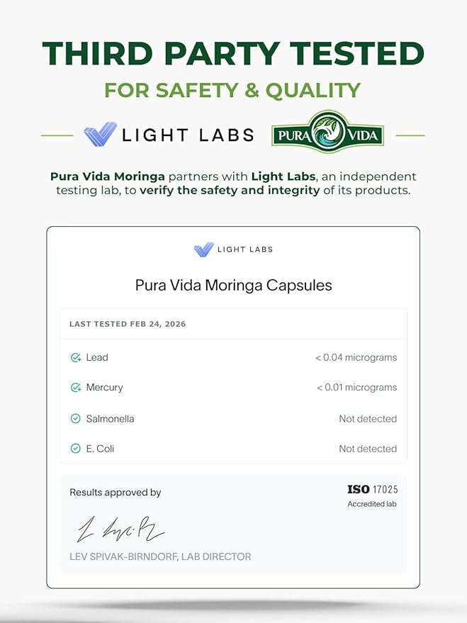 PURA VIDA MORINGA Organic Moringa Capsules Pure Moringa Leaf Powder Single Origin for Energy Metabolism &amp Immune Support 120ct 500mg Caps