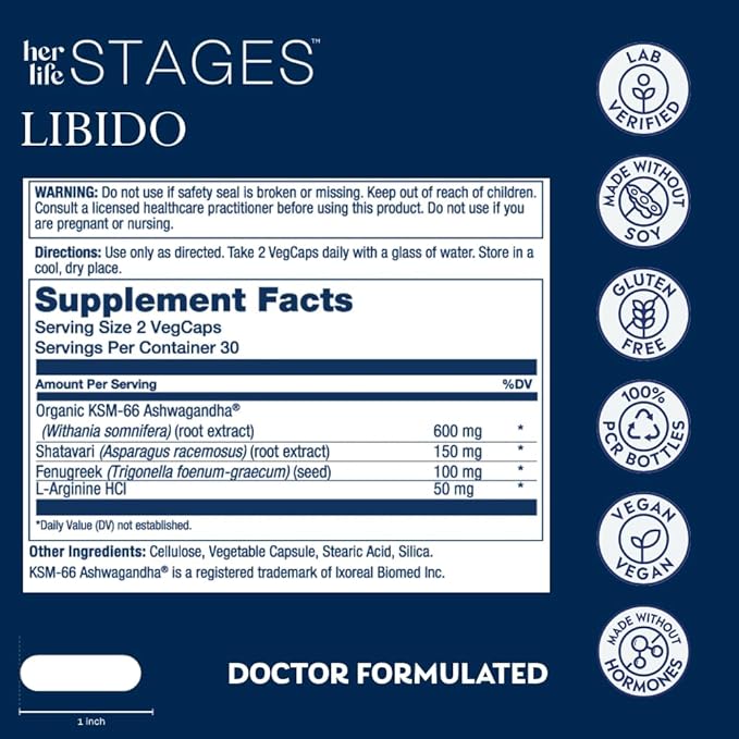 SOLARAY Libido her Life Stages - Supports Natural Lubrication and Libido Increase for Women - Shatavari Fenugreek Organic Ashwagandha Capsules - Made Without Hormones - 30 Servings 60 VegCaps