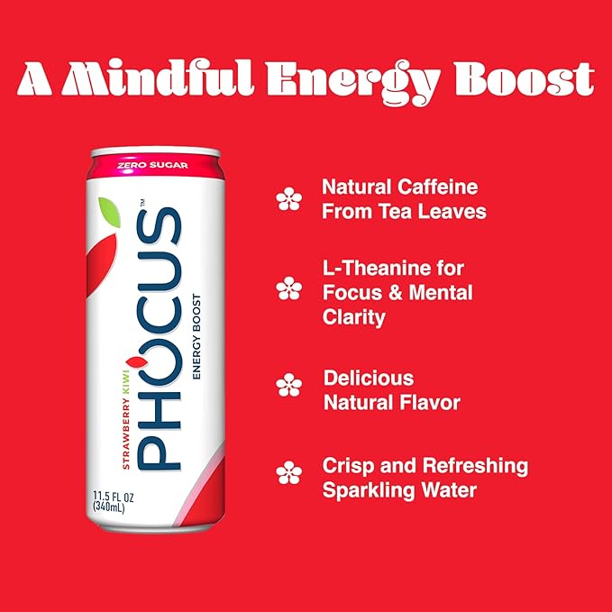 Phocus Energy Boost Crisp Apple &amp Strawberry Kiwi Bundle | 11.5 Fl oz (Pack of 24) | No Sugar | 75mg Caffeine + L-Theanine | 0 Calories