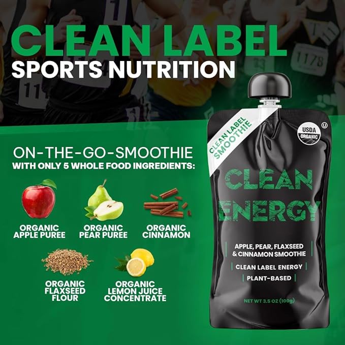 Clean Label Organic Fruit Smoothie Sports Pouches - Healthy Nutrition Drinks Gluten Free Caffeine Free Vegan Kosher Convenient Snacks - Apple Pear Cinnamon &amp Flaxseed Smoothie - 8 Pack