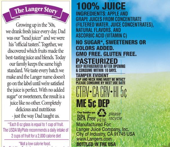 Langers 100% Juice with Vitamin C Apple Grape 64 Fl Oz (Pack of 8)