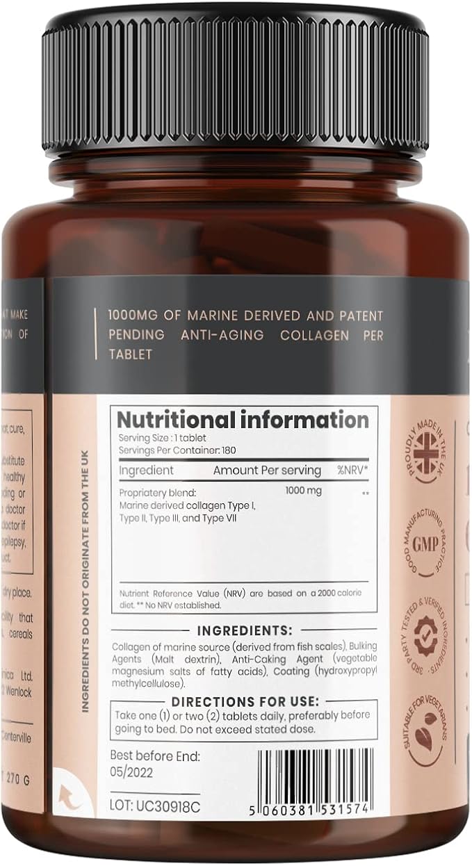pureclinica UltraColl Marine Collagen 1000mg x 360 Tablets (2 Bottles of 180 Tablets - 6 Months Supply). The only Patented Anti-Aging Collagen Types I II III and VII.
