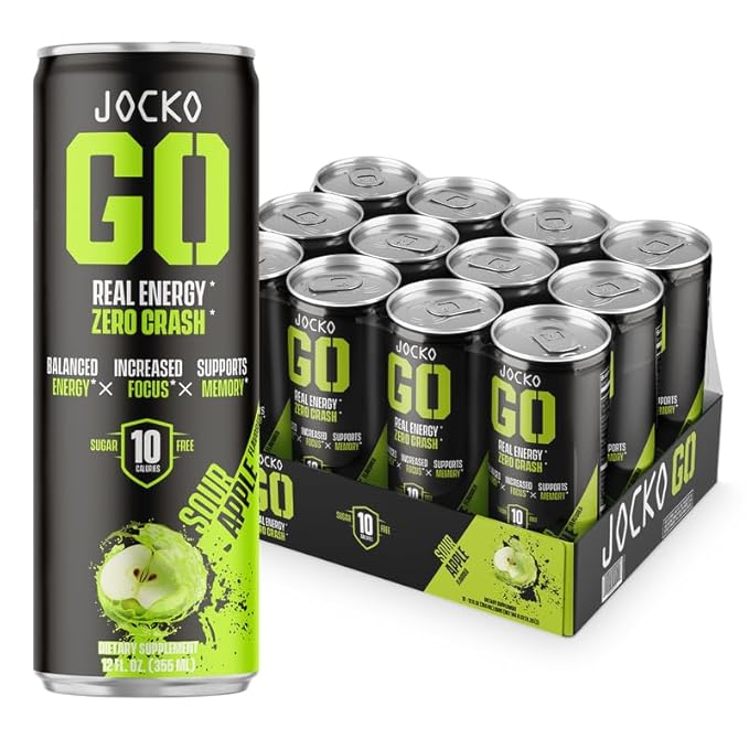 Jocko GO Energy Drink - Keto Vitamin B12 Vitamin B6 Electrolytes L Theanine Magnesium- Energy Boost Sugar Free Nootropic Monk Fruit Blend - 12 Pack (Sour Apple)