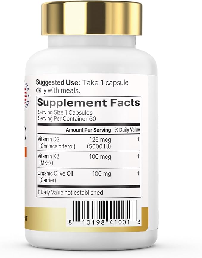 Vitamin K2 with D3 Supplement Non-GMO Formula 125 mcg Vitamin D3 &amp 100 mcg K2 (MK-7) Easy to Swallow D &amp K Complex 60 Capsules