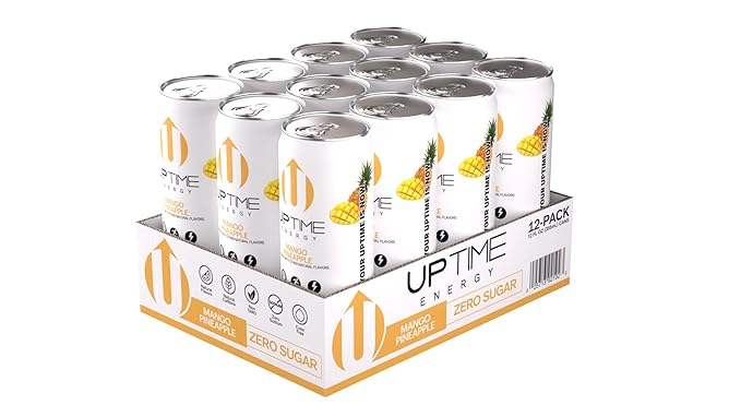 UPTIME Energy Drink Mango Pineapple 12 Pack Vitamin C L Theanine Calcium Sugar Free Energy Drinks for Focus Support 142mg of Natural Caffeine 5 Calories Clean Natural Non GMO 12 fl oz Cans