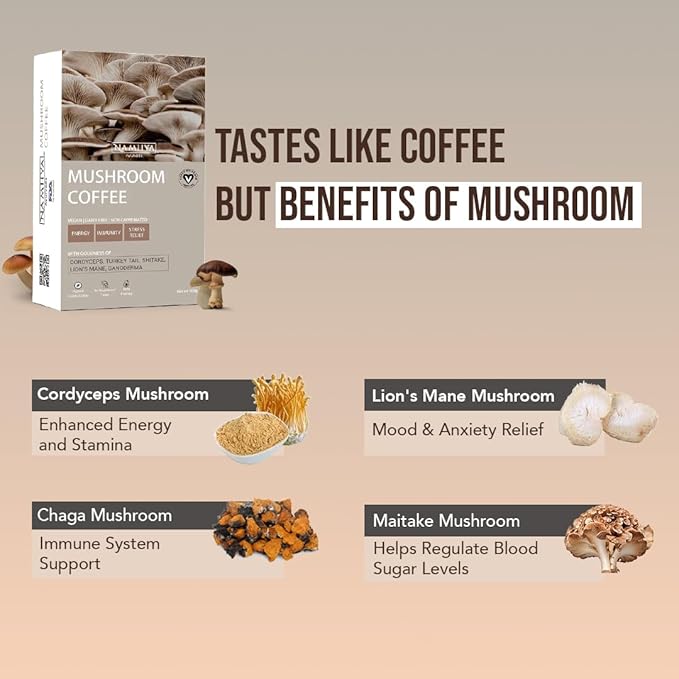 Namhya Ayurveda Mushroom Coffee for Cognitive &amp Immune Support with Lion's Mane Turkey Tail Cordyceps &amp Reishi Mushrooms - Caffeine Free Instant Coffee for Focus Memory &amp Everyday Welln