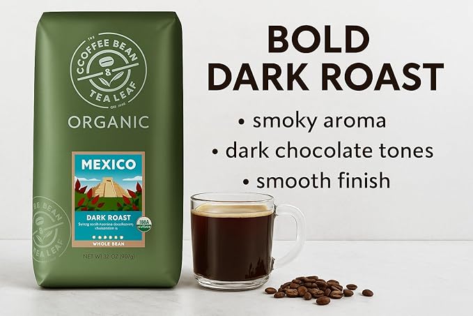 Organic Mexican Coffee Beans - Dark Roast Whole Bean Arabica - 32oz Premium Single Origin - Smoky Aroma &amp Dark Chocolate Notes - Gourmet Coffee
