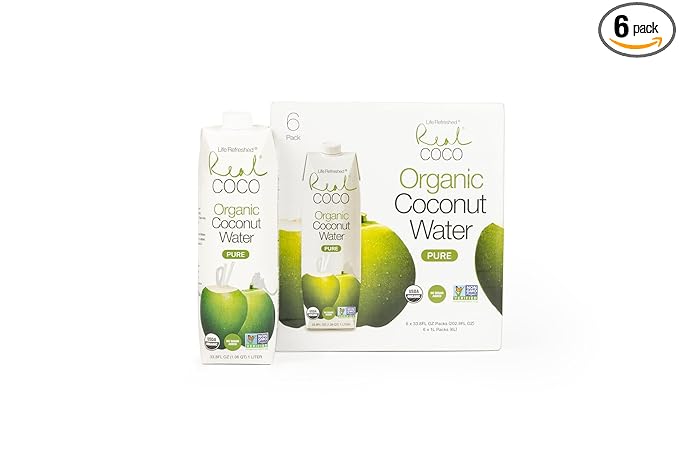 Real Coco Organic Pure Coconut Water (6-Pack 1L) USDA Organic No Added Sugar Plant Based Packed with Electrolytes Vegan
