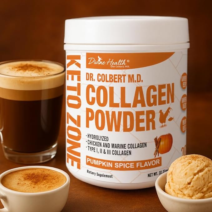 Dr. Colbert MD Hydrolyzed Collagen Powder | Pumpkin Spice Flavor | Divine Health | Type I II III Chicken &amp Marine | Hair Skin &amp Nails | Recommended in Keto Zone | 630g | 30 Servings