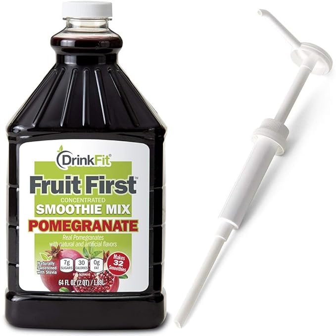 DrinkFit Fruit Smoothie | Real Fruit Puree Low Sugar Gluten:Free &amp Non:GMO Pomegranate Smoothie Mix : Makes 32 Smoothies 64 Fl Oz with Dispensing Pump (Pomegranate)
