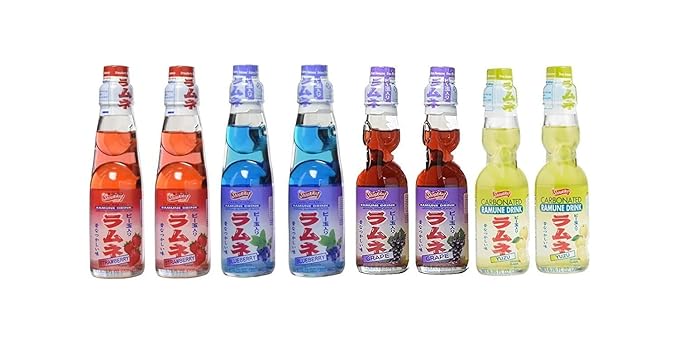 RAMUNE Japanese Soft Drink Variety 8-Pack 6.76 Fluid Ounce Each (Strawberry-Blueberry-Grape-Yuzu (2 Each))