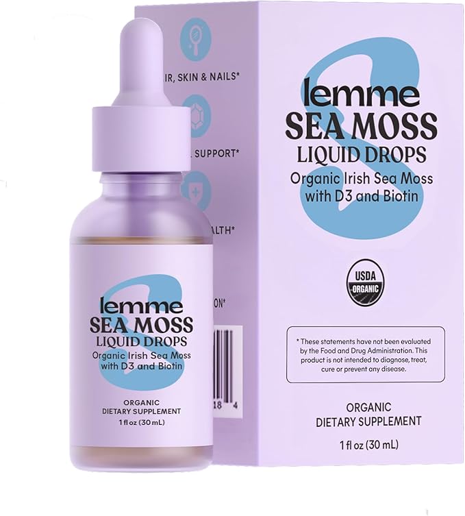 Lemme Irish Sea Moss Organic Liquid Drops with Vitamin D3 and Biotin for Trace Mineral Support Immunity Hair Skin &amp Nails Brain Health - Gluten &amp Sugar Free Non GMO 1 oz 30 Servings