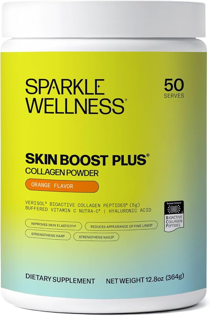 Sparkle Wellness VERISOL Bioactive Hydrolyzed Collagen Peptides | Collagen Powder Supplement with Vitamin C &amp Hyaluronic Acid for Hair Skin and Nail Health | Skin Boost Plus (Orange) [50-Serves]