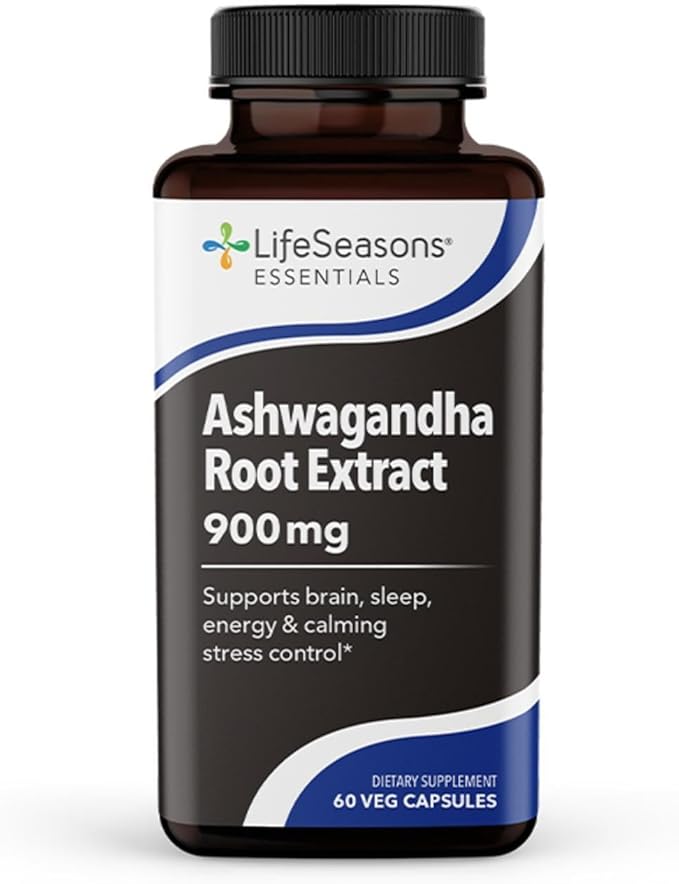 LifeSeasons Essentials Ashwagandha - Stress &amp Sleep Support Supplement - Calm &amp Focused Mind - Improves Athletic Performance &amp Brain Function - 900mg per 2 Capsules - 60 Capsules