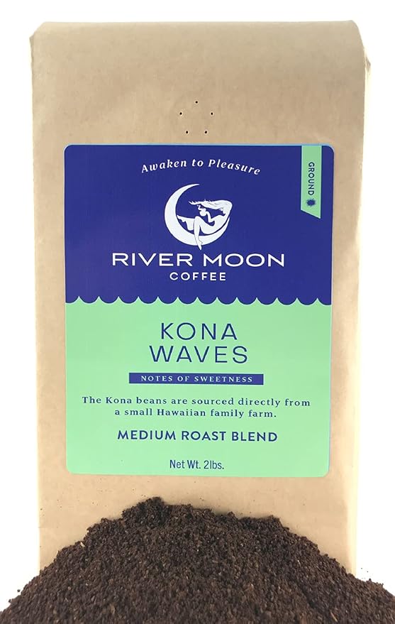 River Moon Coffee Kona Coffee Ground Medium Roast 2 lbs Kona Waves Hawaiian Blend Sustainably Farmed 100% Arabica