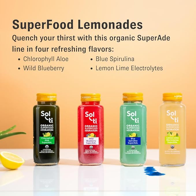 Organic SuperAde Hydration Drink with Powerful Anti-Oxidants SuperFood Lemonade by Sol-ti Cold-Pressed Wild Blueberry and Lemon Juice Blend 16 Pack (14.9 Fl oz)