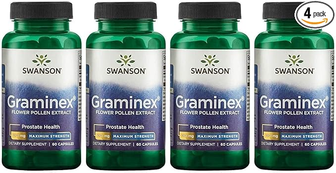 Swanson Maximum Strength Graminex Flower Pollen Extract - Supports Prostate Health Urinary Tract Function and Kidney Health - Mens Health Supplement - (60 Capsules 500mg Each) (4 Pack)