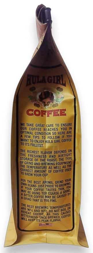 Hula Girl 100% Kona Coffee Grown in Hawaii Hand Picked Sun Dried Fresh Roasted and Packed in Hawaii for 30 years Whole Bean 7 Oz (0.44 Lb) 198 Grams Bag