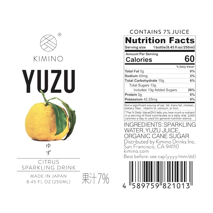 Kimino Sparkling Juice Beverage 8.45 Fl Oz (Yuzu Pack of 12)