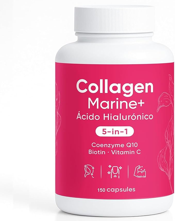 Hydrolyzed Marine Collagen + Hyaluronic Acid Formula – 5-in-1 Beauty &amp Wellness Blend with CoQ10 Biotin &amp Vitamin C – Vegan Friendly Non-GMO 150 Capsules