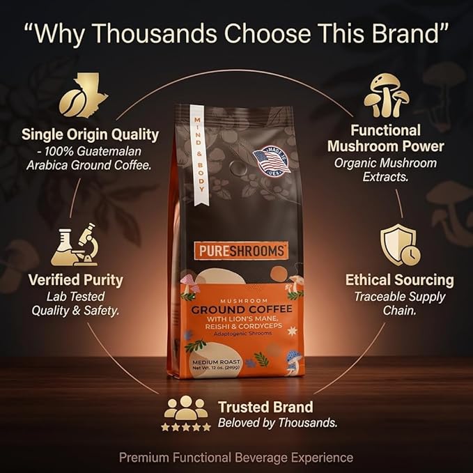 PureShrooms Mind &amp Body Ground Mushroom Coffee – Focus Energy &amp Mood Support – Premium Arabica with Organic Lion’s Mane Reishi &amp Cordyceps – Low Acidity Jitter-Free Medium Roast – 340g