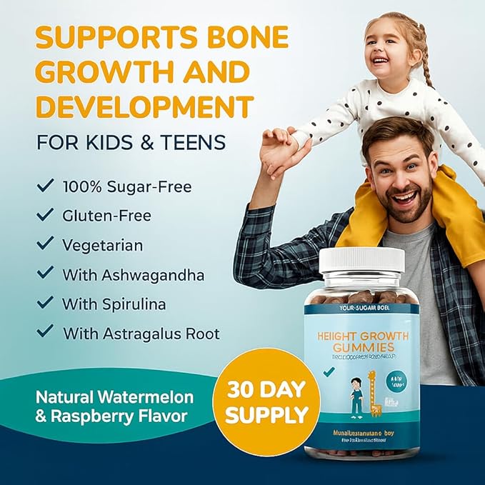 Akros Growth Gummies for Kids &amp Teens | Sugar-Free Calcium + Vitamin D3 &amp K2 Gummies - Height &amp Bone Support | Ashwagandha Spirulina L-Arginine | Non-GMO Gluten-Free 60 Raspberry-Water
