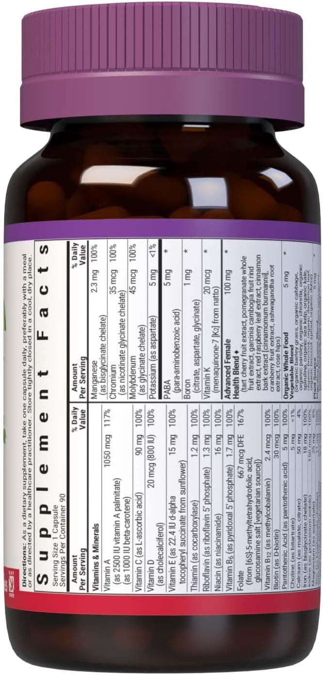 Bluebonnet Nutrition Ladies One Vegetable Capsule Whole Food Multiple K2 Organic Vegetable Energy Vitality Non-GMO Gluten Free Soy Free Milk Free Kosher 90 Vegetable Capsule 3 Month Supply