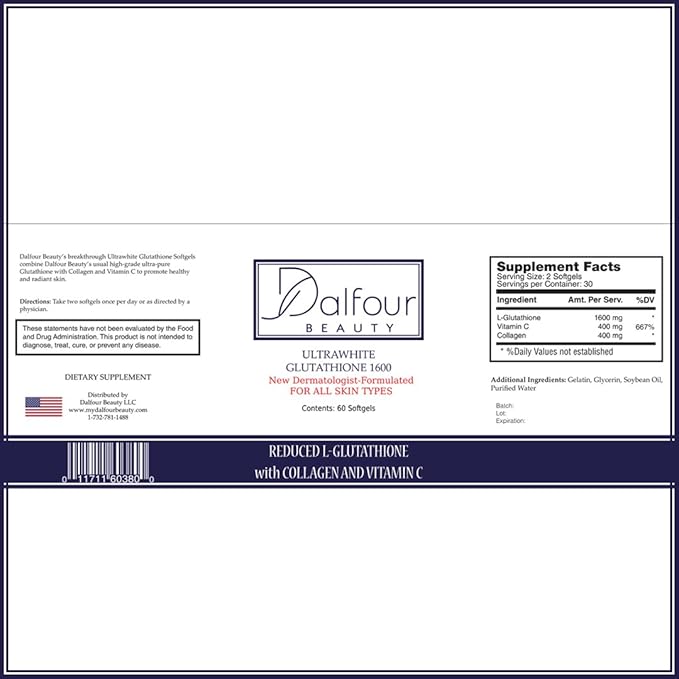 Dalfour Beauty Ultra Glutathione Capsules with Hydrolyzed Collagen &amp Vitamin C – 2400mg High Absorption Antioxidant Support Supplement – 1600mg Reduced L-Glutathione Per Serving - 30-Day Supply