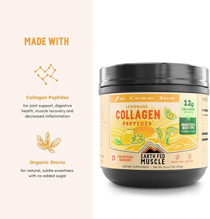 Earth Fed Muscle Lemonade Collagen Powder – Grass Fed Hydrolyzed Collagen for Women &amp Men - Healthy Bones Skin &amp Hair - Types 1 &amp 3 Collagen Powder 12g Per Serving 33 Servings