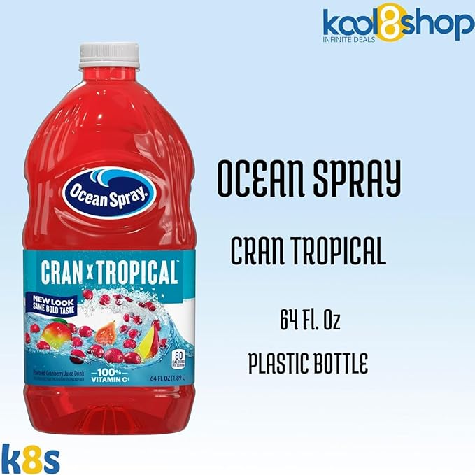 Ocean Spray Cran Tropical Fruit Juice Drink 64 fl oz Plastic Bottle 4 Pack + 15 Sugarcane Disposable Straws by KOOL8SHOP Infinite Deals