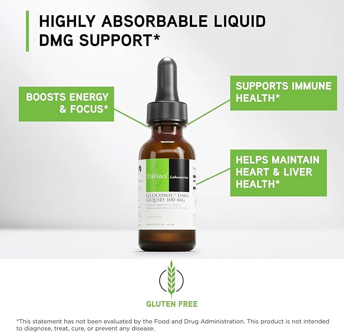 DAVINCI Labs Gluconic DMG Liquid 300mg - Helps Support Immune System Muscle Function Heart Health &amp Brain Health* - 2 fl oz (60 Servings)