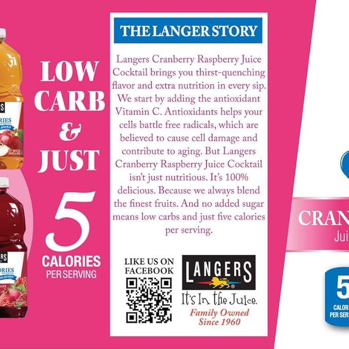Langers 5 Calorie Cranberry Raspberry Juice Cocktail 64 Fl Oz (Pack of 8)