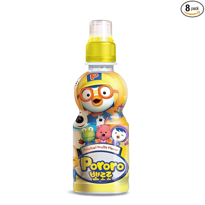 Paldo Fun &amp Yum Pororo Kids Tropical Fruit Flavor Drink Pack of 8 Fruit Juice Drinks with Comfortable Push-Pull Sports Cap Perfect Drink for Children 7.95 fl oz. x 8