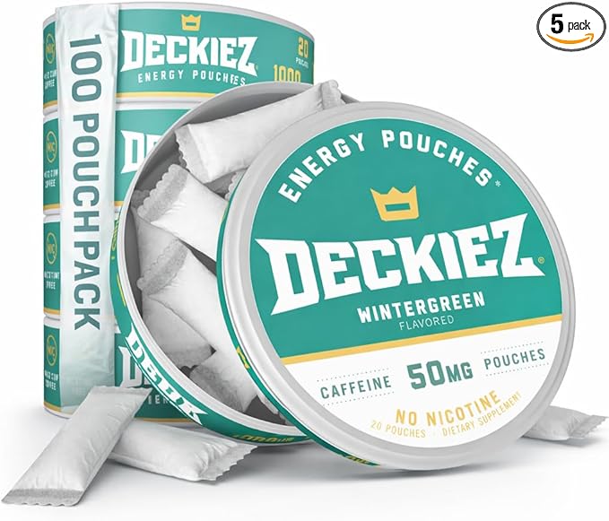 Deckiez Energy Pouches 5 Cans (100 Pouches) Sugar Free Caffeine Supplement Coffee Pouches &amp Energy Drink Alternative 50mg Caffeine Pouches Wintergreen Flavor