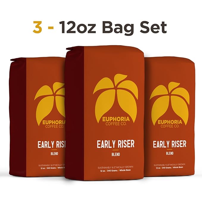 EUPHORIA COFFEE CO. Early Riser Whole Bean Coffee - Light &amp Dark Roast Blend | 12oz Bag (3 Pack)