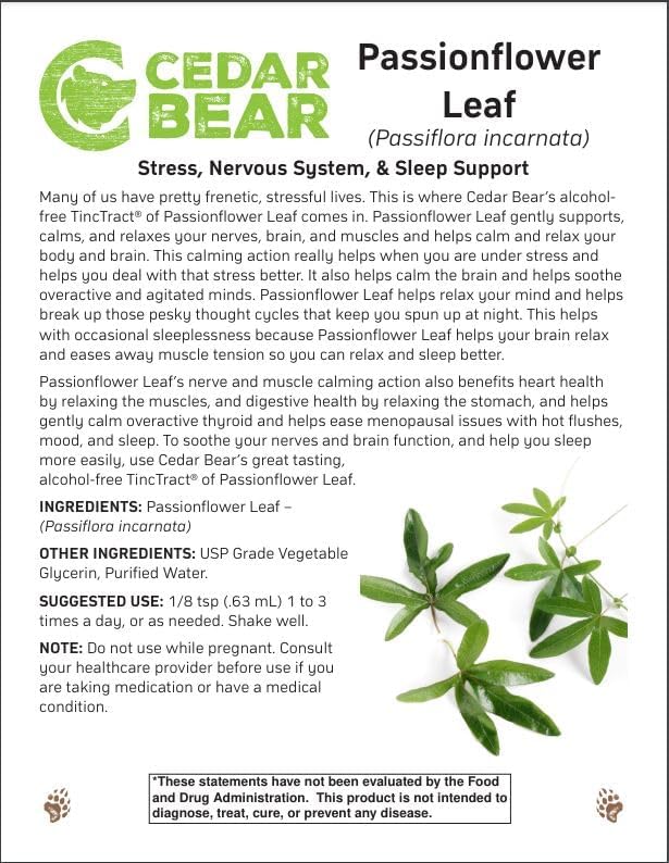 Cedar Bear Passionflower Leaf (Passiflora incarnata) for Stress Nervous System &amp Sleep Support 2 Fl Oz