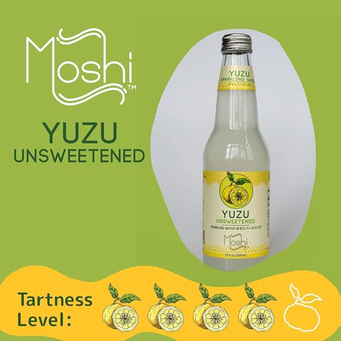 Moshi Yuzu Sparkling Drink Aromatic and Zesty Made with 100% Yuzu juice All-Natural Vegan Gluten-free No Artificial Preservatives/Coloring - 12 oz (6 Glass Bottles) - Unsweetened Original