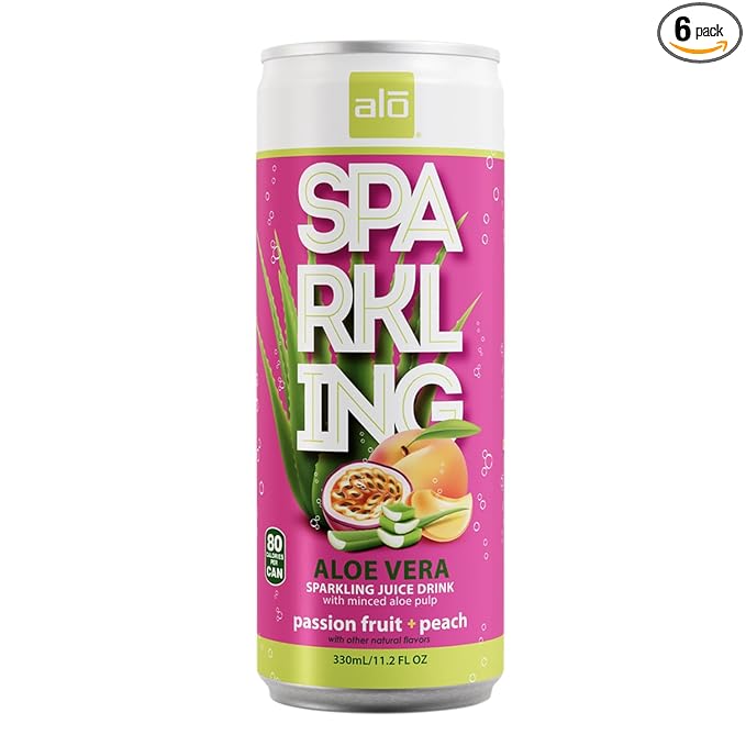ALO Sparkling Passion Fruit &amp Peach Carbonated Aloe Vera Juice Drink | 11.2 fl oz Pack of 6 | Plant-Based Beverage Vegan