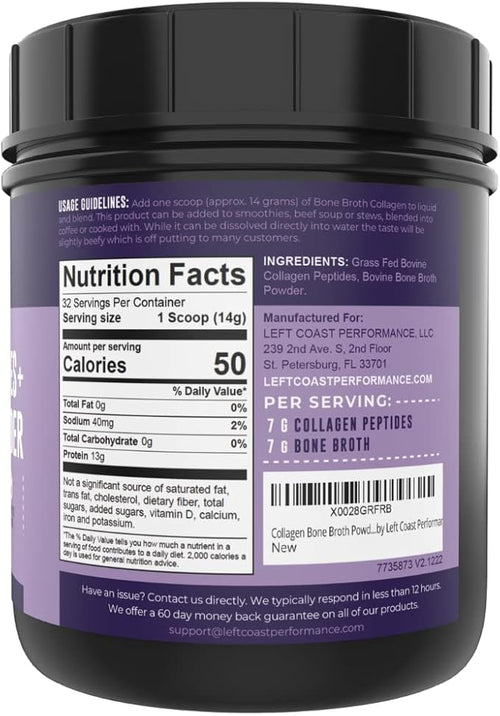 16oz Bone Broth Powder with Grass Fed Collagen Peptides - Unflavoured Zero Carb Dairy Free No Additives No Fillers - Natural Source Type I and III - Grass Fed Bone Broth Collagen Powder