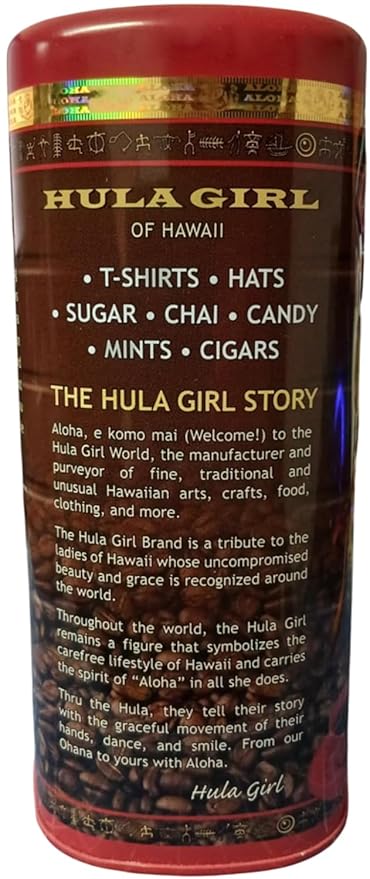 HULA GIRL 100% KONA Roasted Arabica Whole Bean Coffee Dark Roast Net Wt. 10.5 Ounce (0.66Lb) 300 Grams Collector Tin
