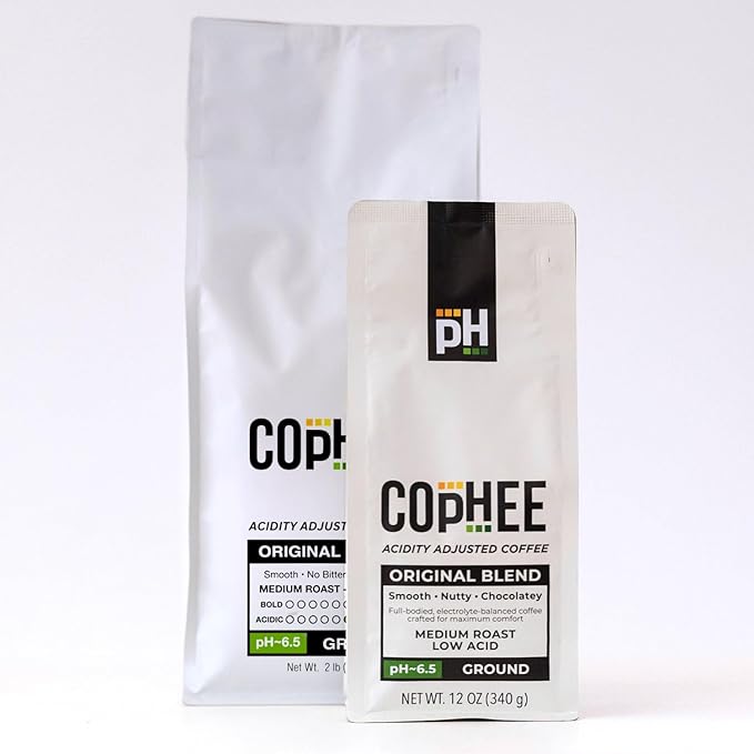 Low Acid Coffee – Original Blend – Bulk Pack – Ground Medium Roast – Smooth Non-GMO Arabica Coffee – Electrolyte Infused for Sensitive Stomachs Acid Reflux and Heartburn ~pH 6.5 – 32 oz Original by