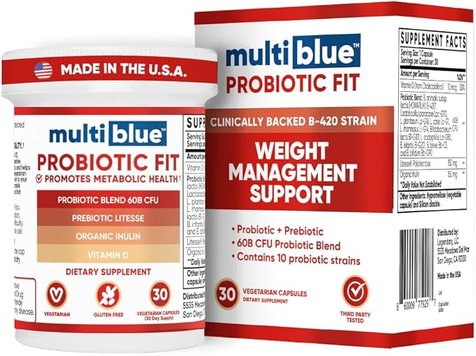 MultiBlue Probiotic Fit – Supports Natural GLP-1 &amp Appetite Control for Women &amp Men Bifidobacterium B-420 Digestive &amp Gut Health 10 Probiotic Strains 60 Billion CFU Prebiotic + Vitami
