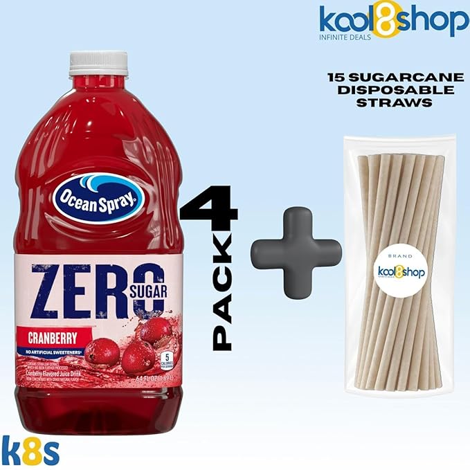 Ocean Spray Zero Sugar Cranberry Fruit Juice Drink 64 fl oz 4 Pack + 15 Sugarcane Disposable Straws by KOOL8SHOP Infinite Deals