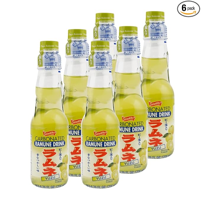 Shirakiku Ramune Drink Carbonated Marble Soft Drink of Japan 6.76 oz (Yuzu Pack of 6)