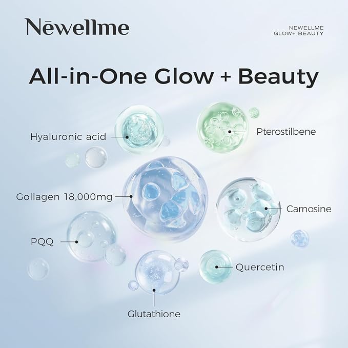 NEWELLME Glow+Beauty Collagen Drink – Liquid Beauty Supplement with Hyaluronic Acid &amp Antioxidant Complex Supports Skin Hydration Hair &amp Nail Strength 14 Bottles