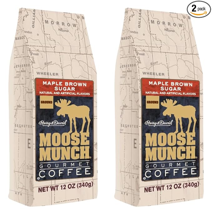 Moose Munch Maple Brown Sugar Ground Coffee – 2 Pack 12 oz Bags – Cozy Maple Sweetness with Brown Sugar Flavored Medium Roast Coffee