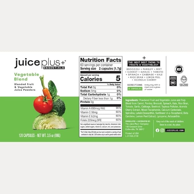 JuicePlus+ Fruit and Vegetable Blend: for Solid Nutritional Foundation - Boost Family's Health with 20 Fruits &amp Veggies Plus Plant Nutrients - Prepacked 2 Bottles (60 Servings of Fruit 60 of Veg)