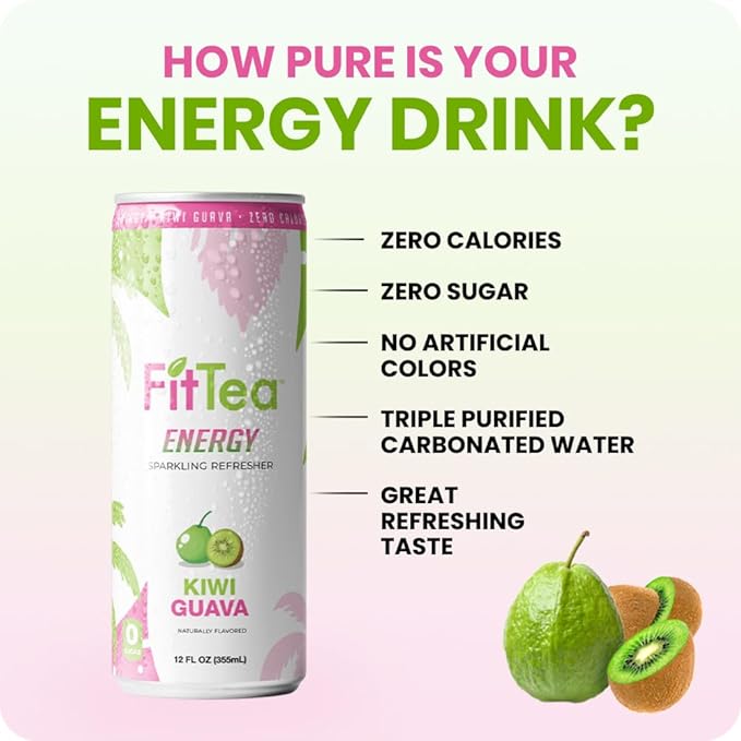 FitTea Healthy Energy Drink 12 Fl Oz - Kiwi Guava Pre Workout Sparkling Refresher (12 Pack) Natural Energy Drinks Sugar Free